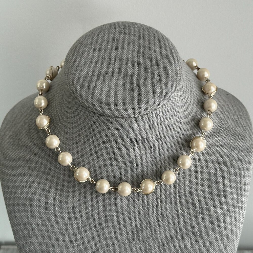 Beautiful Vintage Faux Pearl Necklace Choker Signed PMB Silver Tone Chain